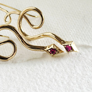 Black Diamond or Ruby Brass Snake Earrings