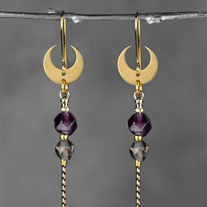 Crescent Moon with Amethyst & Smoky Quartz Chain Tassel Earrings