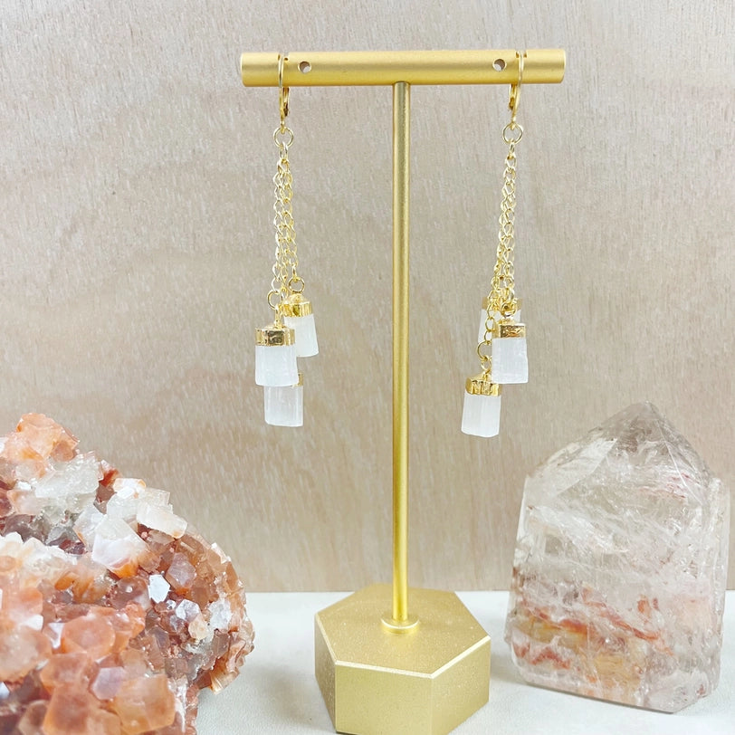 Gold Triple Selenite Huggie Earrings