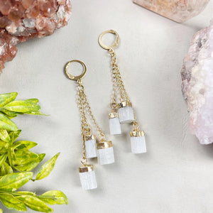 Gold Triple Selenite Huggie Earrings