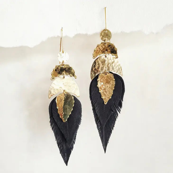 Hammered Brass Leather Feather Earrings