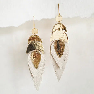 Hammered Brass Leather Feather Earrings