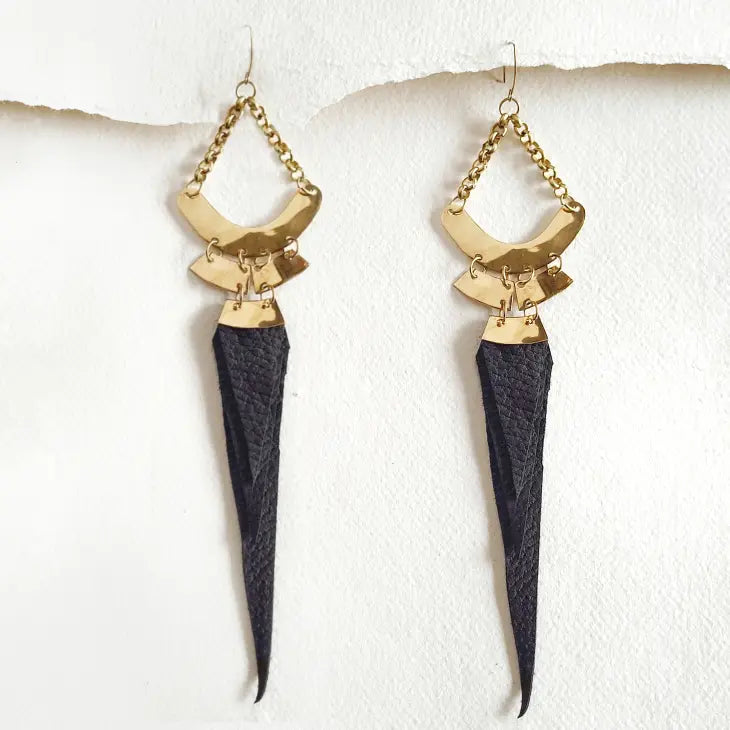 Bold Brass & Leather Feather Chandelier Earrings