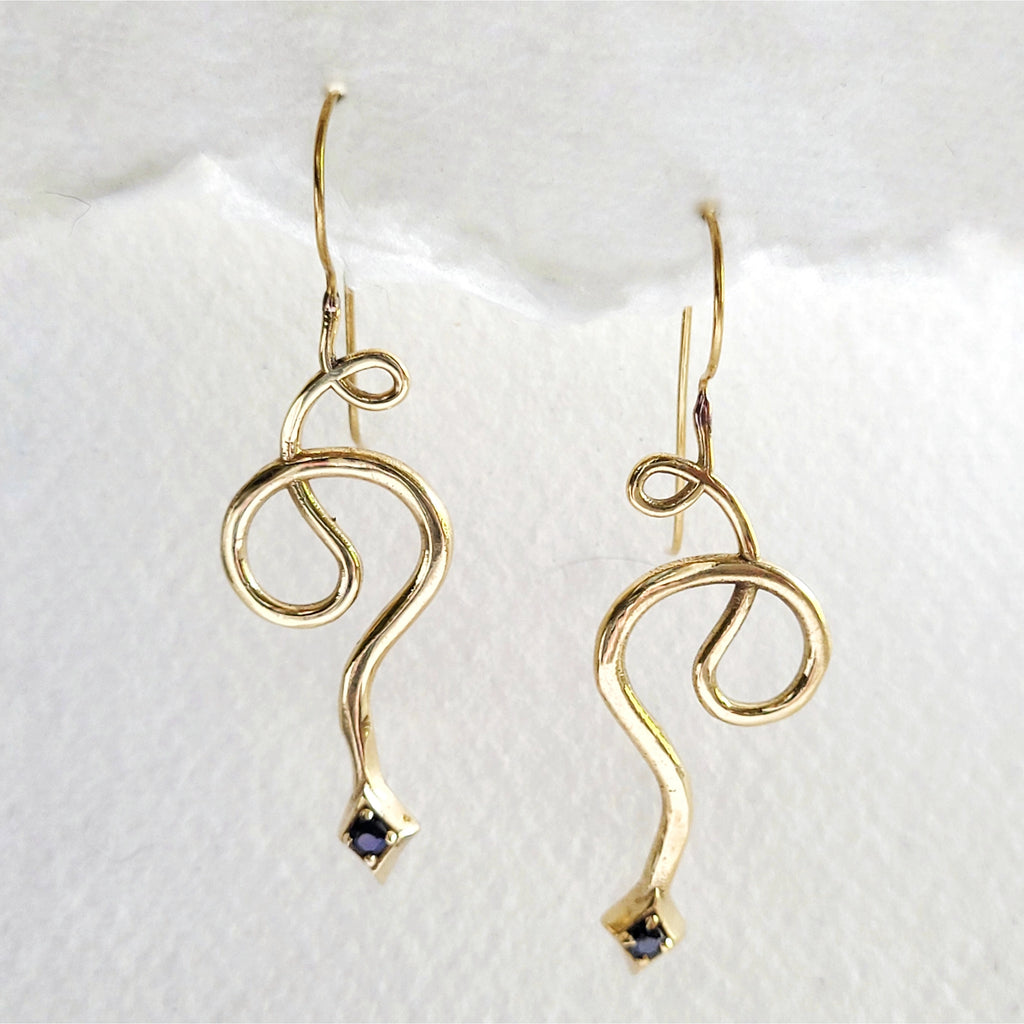 Black Diamond or Ruby Brass Snake Earrings