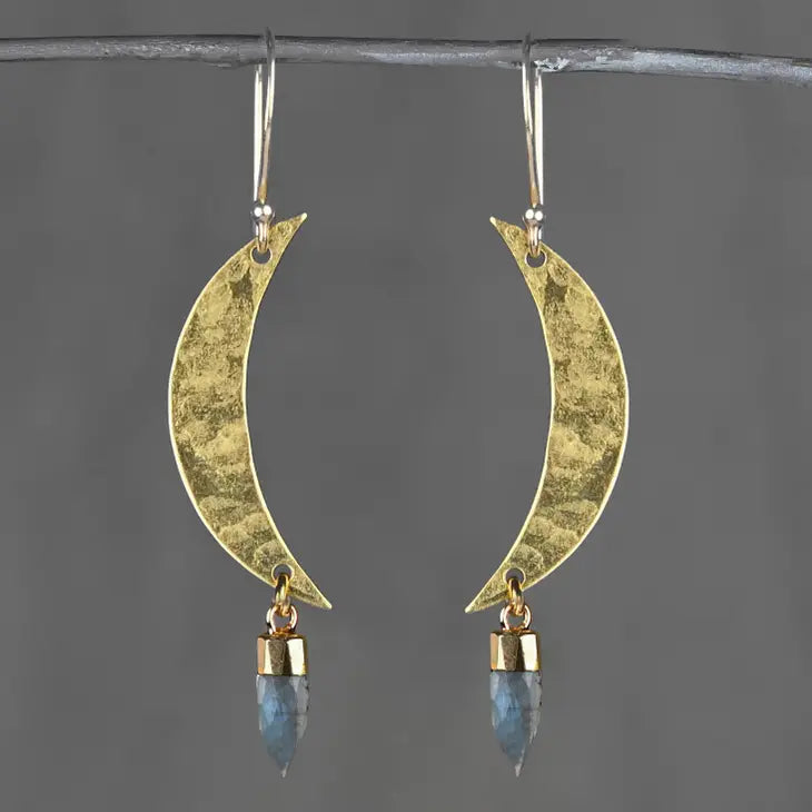 Brass Hammered Moon Earrings with Labradorite Bullet